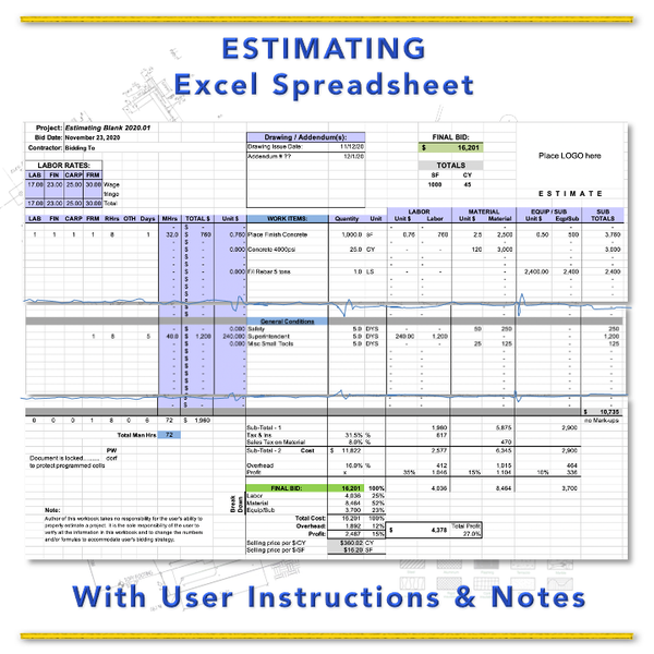 Excel Estimating Spreadsheet Template D P Dorfmueller Co Inc